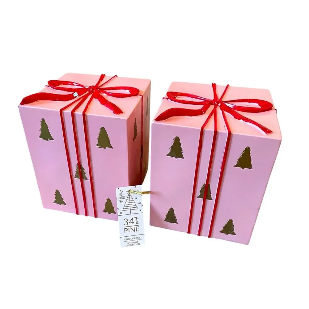 34th & Pine Pink Christmas Present Red Bow Outdoor Safe Holiday Decor New